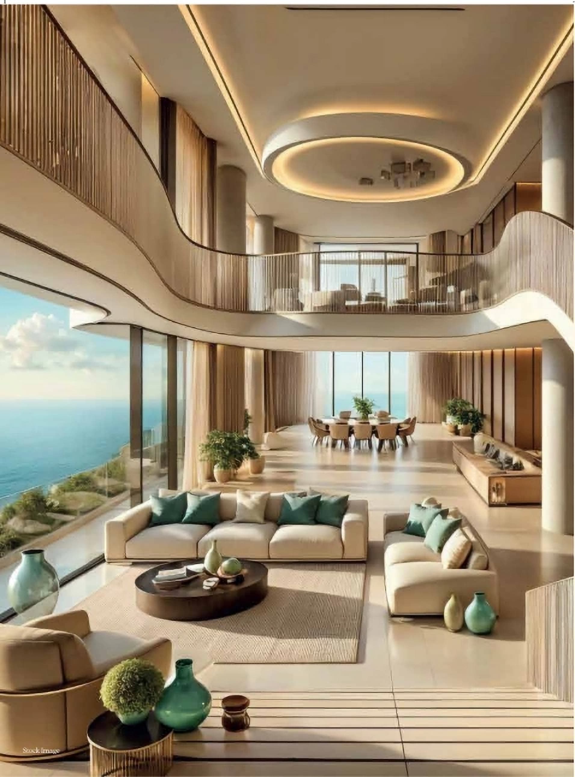 A warm, double-height residence interior with sea views